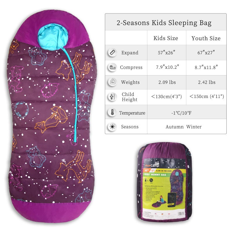 AceCamp Glow in The Dark Mummy Sleeping Bag for Kids and Youth, Temperature Rating 30Â°F/-1Â°C, Water-Resistant for Camping, Hiking, and Slumber Partyâ€¦ (Purple, Youth) - Image 3